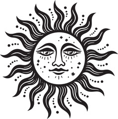 Sunburst Bliss Hand Drawn Cartoon Vector Logo Glowing Grin Cartoon Sun with Face Black Icon