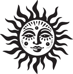 Cheery Sunshine Cartoon Sun with Face Vector Logo Sunbeam Symphony Hand Drawn Sun Black Emblem Design