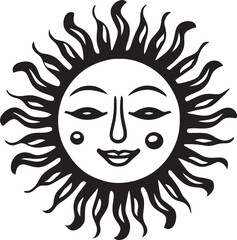Radiant Rejoicing Hand Drawn Cartoon Black Icon Cheery Sunshine Cartoon Sun with Face Vector Logo