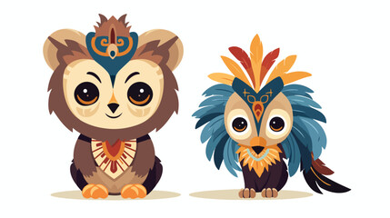 Cute Cartoon tribal Lion and owl with feather flat