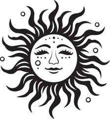 Sunburst Celebration Hand Drawn Cartoon Vector Logo Glowing Grin Cartoon Sun with Face Black Icon