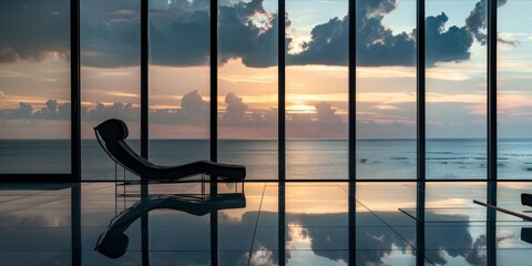 Silhouette of a lounge chair by large windows overlooking the sea