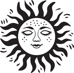 Cheery Sunshine Cartoon Sun with Face Vector Logo Sunbeam Symphony Hand Drawn Sun Black Emblem Design