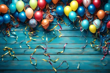 A dynamic display of colorful balloons and streamers arranged in an intricate pattern on a rustic blue wooden surface, framing a central area for celebration and captured beautifully by an HD camera.
