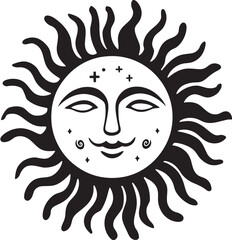 Radiant Rejoicing Hand Drawn Cartoon Black Icon Cheery Sunshine Cartoon Sun with Face Vector Logo