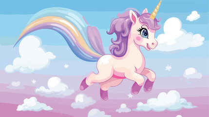 Cute Cartoon Unicorn is flying over the rainbow fla