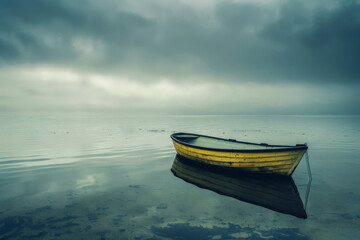 Naklejka premium A small yellow boat sits in the water, with the sky above it looking cloudy