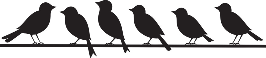 Chirpy Charisma Black Logo with Cartoon Birds on Wire Fluttering Flock Cute Birds on Wire Cartoon Emblem Design