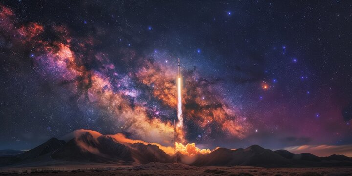 Rocket launch at night with colorful nebulae in the sky