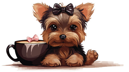 Cute Cartoon Yorkshire terrier with a bow is sittin - obrazy, fototapety, plakaty