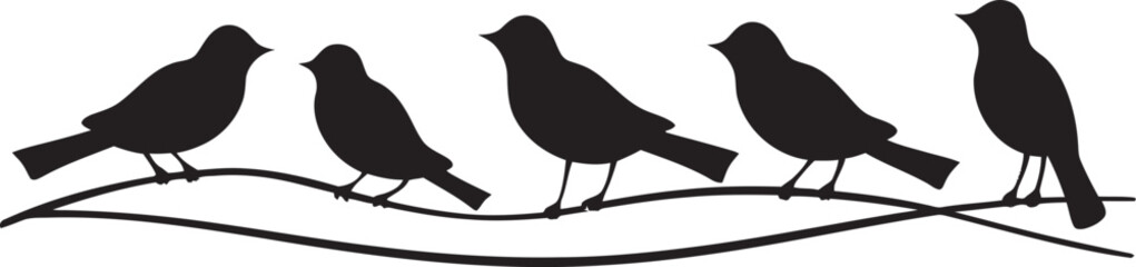 Whimsical Whistle Cute Bird Cartoon Black Logo Emblem Fluffy Flyers Cartoon Birds on Wire Vector Emblem Icon