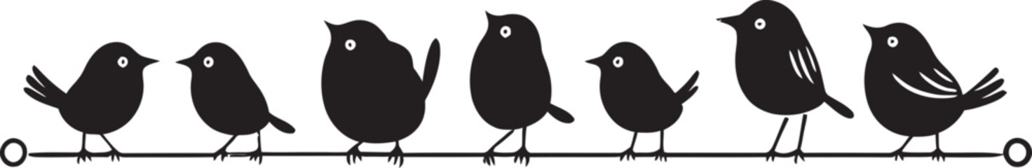 Feathered Fellowship Cartoon Birds on Wire Vector Logo Design Tweet Time Cute Bird Cartoon Black Emblem Icon
