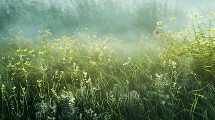 Fototapeta na wymiar Serene dawn light softly illuminates a field of wildflowers enveloped in morning mist