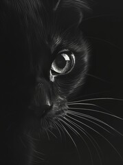 A close up view of a black cats face, showcasing its whiskers, ears, and shiny fur.