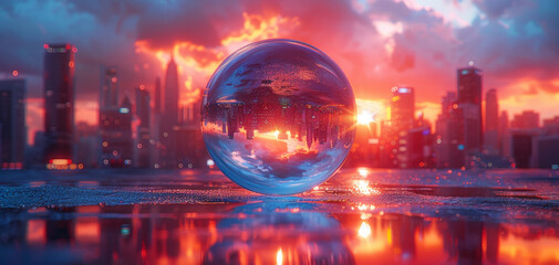 A glass ball with a reflection of a blurred city lights in it on a reflective surface with a blurry background. Beautiful urban wallpaper.
