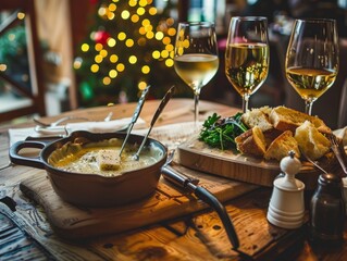A fine fondue dinner with a variety of cheeses on the board and a warmed pot of cheese fondue