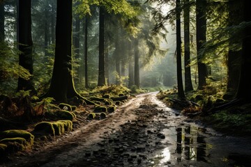 Sunlight filters through trees onto muddy forest path in natural landscape - obrazy, fototapety, plakaty
