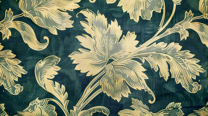 Detailed image showing a vintage-inspired floral design with a textured, fabric-like appearance, featuring a dark teal background and gold-toned leaves