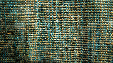 Macro shot demonstrating the intricate weaving technique of fabric with a mix of blue and gold threads creating a rich textured surface