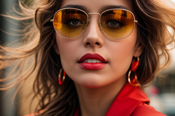 beautiful young woman in red and yellow sunglasses

