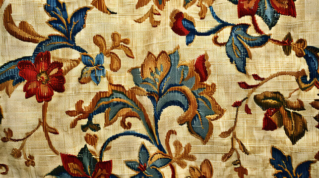 Detailed image of a classic embroidered floral pattern on a textured fabric background