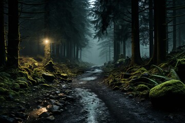 Terrestrial plants in dark forest with stream, road lighted - obrazy, fototapety, plakaty