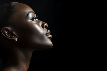 Generated AI profile portrait of gorgeous afro woman isolated on dark background - obrazy, fototapety, plakaty