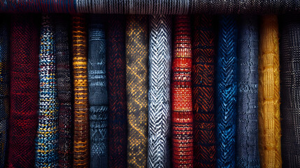A close-up of an assortment of rolled fabrics displaying various textures and vibrant colors