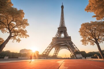  A person running near Eiffel Tower, Olympic games - obrazy, fototapety, plakaty
