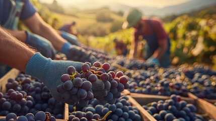 Harvest in the Vineyards: The Art of Hand-Picking Pinot Noir Grapes at Dawn - obrazy, fototapety, plakaty
