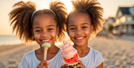 Two African American girls laughing and eating ice cream cones on the beach boardwalk in the summertime