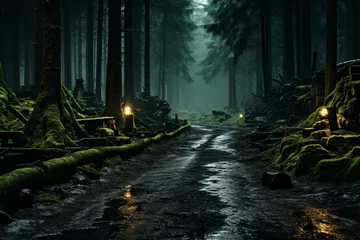 Raamstickers A road through the dark midnight forest with trees, moss, and shadows © JackDong