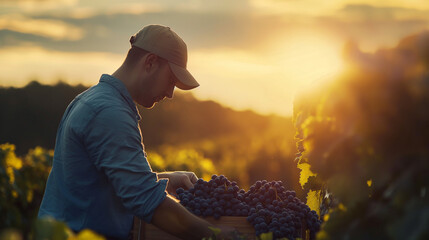 Golden Hour in the Vineyard: A Worker Inspects Pinot Noir Grapes Ready for the Winery - obrazy, fototapety, plakaty