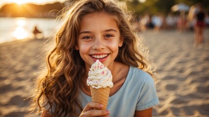 Funny girl eating ice cream on the beach