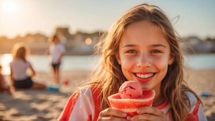 A girl eating ice cream on summer beach