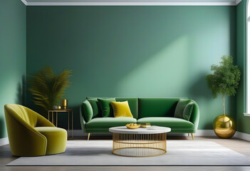 Grey green living room. Lounge area chair with an accent gold table and decor.