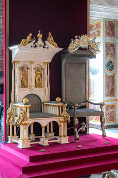 Danish royal throne in Rosenborg Castle (Danish: Rosenborg Slot) in Copenhagen. An ancient royal residence, it is home to the Danske Kongers Kronologiske Samling, Museum of the Royal Danish Collection
