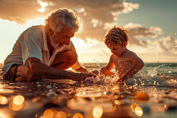 Grandson and grandfather enjoying a day at the beach bathing in the ocean - obrazy, fototapety, plakaty