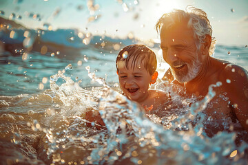 Grandson and grandfather enjoying a day at the beach bathing in the ocean - obrazy, fototapety, plakaty