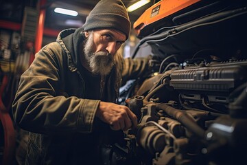 Fototapeta na wymiar A focused mechanic with a graying beard and a beanie cap meticulously works on the intricate components of a car engine in a garage