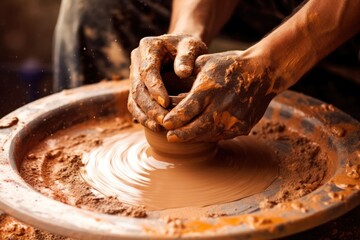 A potter's hands, covered in clay, gently shape a creation on a pottery wheel, blending art and tradition