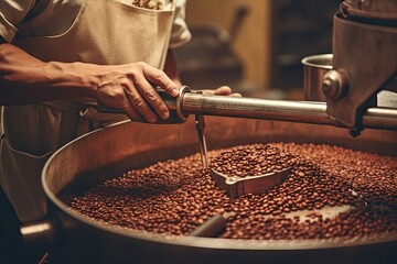 A skilled coffee roaster carefully stirs freshly roasted beans, ensuring even roasting and perfect flavor