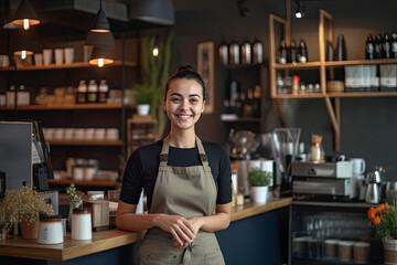 Barista in her café environment, her smile reflects the welcoming and professional essence of modern coffee culture