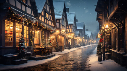 the festive spirit of a quaint snowy village during Christmas, with warmly lit cottages, and a charming town square adorned with twinkling lights Generative AI - obrazy, fototapety, plakaty