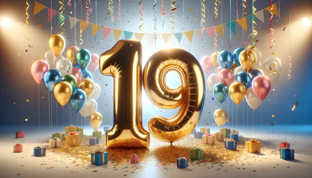 golden balloons number 19 on birthday concept background