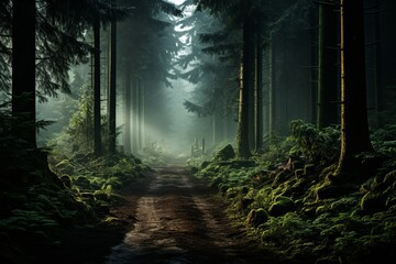 Dirt road amidst dark forest, trees under moonlight - Powered by Adobe