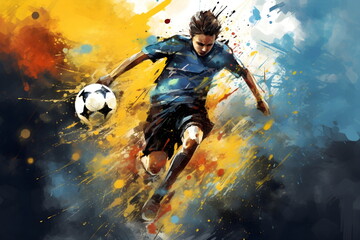 painting graphic of soccer player man kick ball and splash with colors - obrazy, fototapety, plakaty