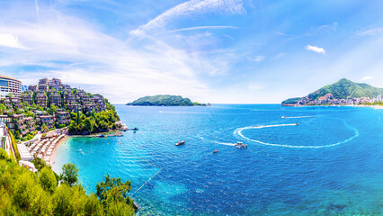 Panoramic image of Budva beach. Montenegro. Beautiful places near the Adriatic Sea