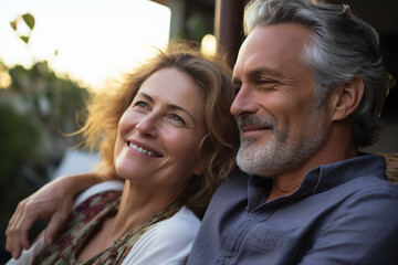 Naklejka premium AI generated picture photo of loving enamored happy two mature people on honeymoon vacation together