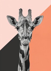 A black and white giraffe standing tall in front of a vibrant multicolored backdrop.